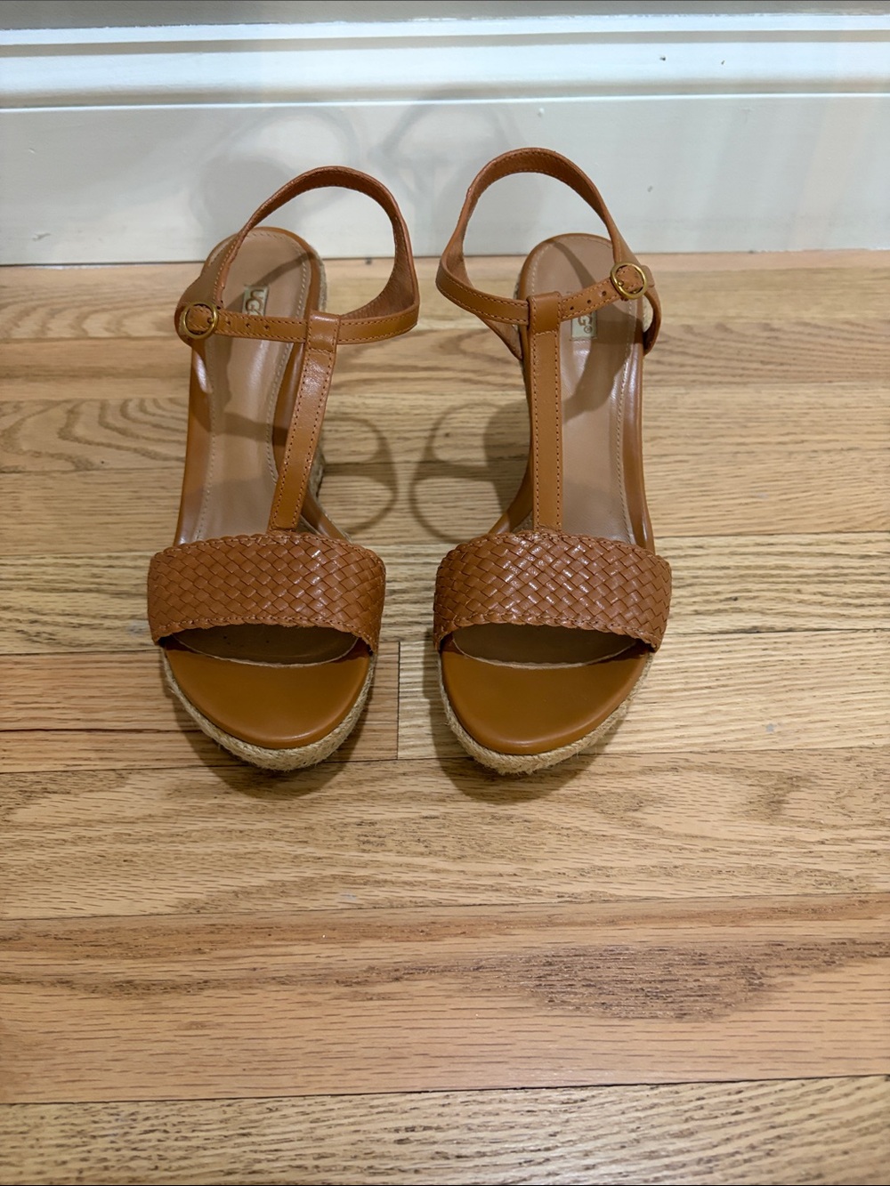UGG Tan Leather Espadrille Wedge Sandals Ankle Strap Size 7
